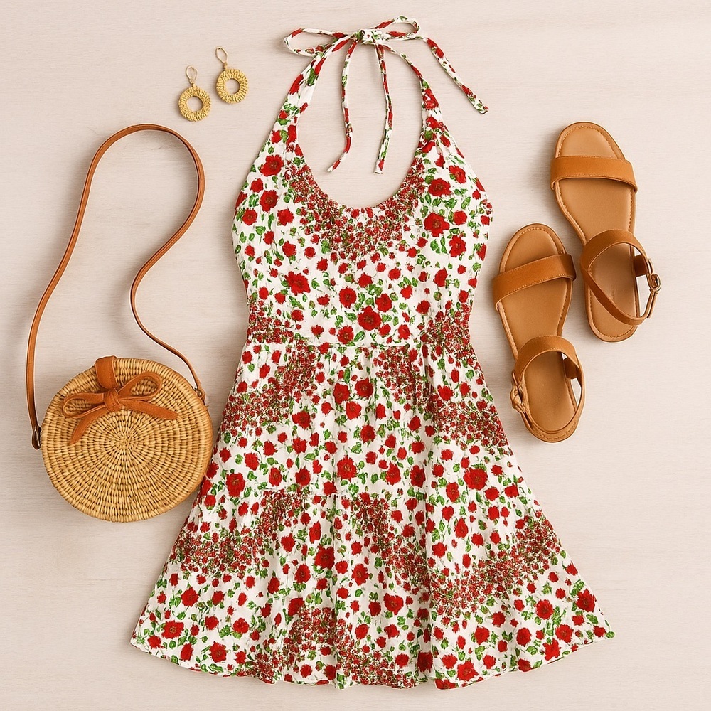 H&M | Red Rose Floral Halter Dress – Size 8 (100% Rayon)